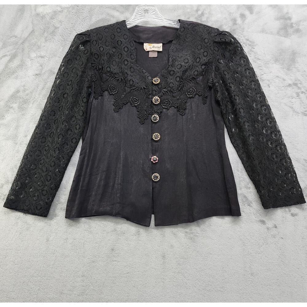 Vintage 80s Asriel USA Top Womens Size S Black Crochet Lace Puff Sleeve‎ Buttons